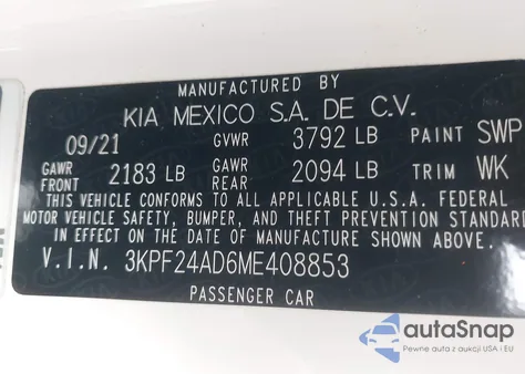 2021 Kia Forte Lxs из США, поврежденный, VIN 3KPF24AD6ME408853